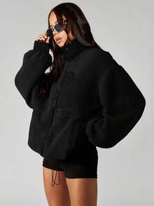 MISSGUIDED Giacca oversize con coulisse in pile Borg, con colletto alto in nylon e chiusura con chiusura lampo, adatta per l'autunno e l'inverno - nero - Visualizzare 3