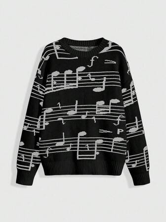 Suéter de mujer con tejido jacquard con notas musicales y clave de sol retro