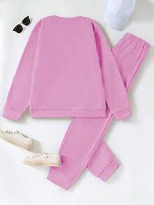 SHEIN 女童休闲字母图案卫衣套装 - 紫色 - 查看 2