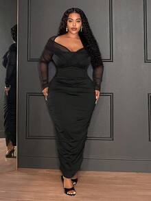 Slaydiva 2025 Otoño/Invierno Nuevo Elegante Fiesta y Sexy y Reunión y Fiesta de Cumpleaños y Cita y Salida con Amigos y Temporada de Graduación y Temporada de Bodas Vestido Midi Elástico de Talla Grande con Escote Pronunciado, Parches de Malla, Cruzado, Fruncido y Abertura en la Espalda - Negro Sólido - Negro - Ver 5