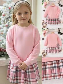 SHEIN Young Girl Casual Commuting School Style Plaid Hem 2 In 1 Sweatshirt Dress, Autumn/Spring - Pink - View 11