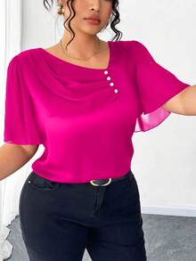 Elenzga Áo cánh tay ngắn thanh lịch cổ bèo nhún bất đối xứng cỡ lớn có nút trang trí - Màu Hồng Tươi - Xem 5