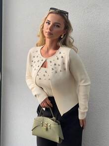 Jeta Ari 珠饰水钻针织开衫 - 杏色 - 查看 6