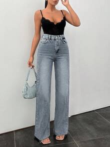 EURMUSE Jeans de pierna recta con dobladillo crudo 100% algodón - Azul lavado medio - Ver 3