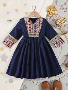 SHEIN Baby Girl Casual Retro Pattern Dress, Suitable For Spring, Summer, Autumn, Home, Outdoor, Holiday, Party, Daily Wear - Multicolor - View 12