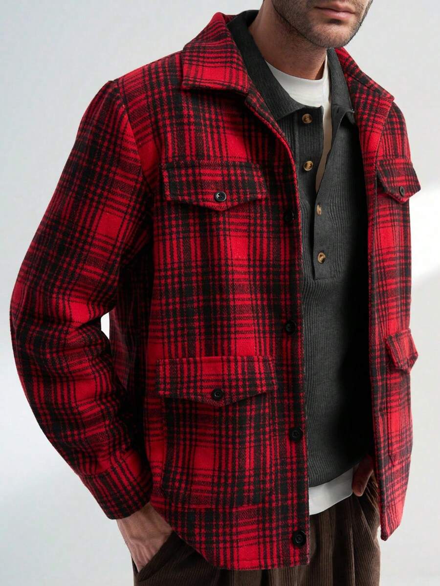 TONEVAULT Men's Casual Plaid Print Shirt Jacket - Red - View 1
