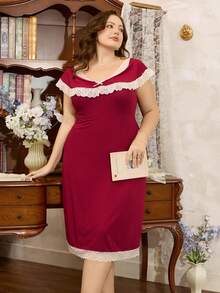 Côtesoire Plus Size French Romantic Lace Off-Shoulder A-Line Nightgown - Rose Red - View 5