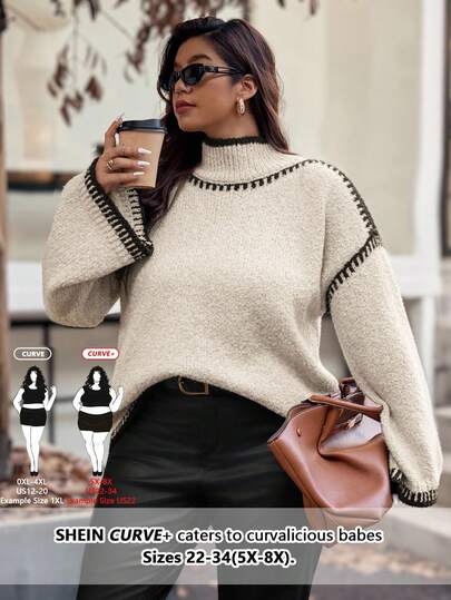 SHEIN CURVE+ 大码女式针织优雅时尚撞色高领罗纹宽松套头毛衣，秋冬季休闲百搭上衣