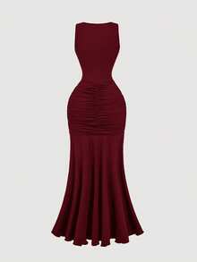 SHEIN MOD Váy không tay nhún bèo họa tiết bướm thanh lịch dành cho nữ - Màu Đỏ Sâu - Xem 2