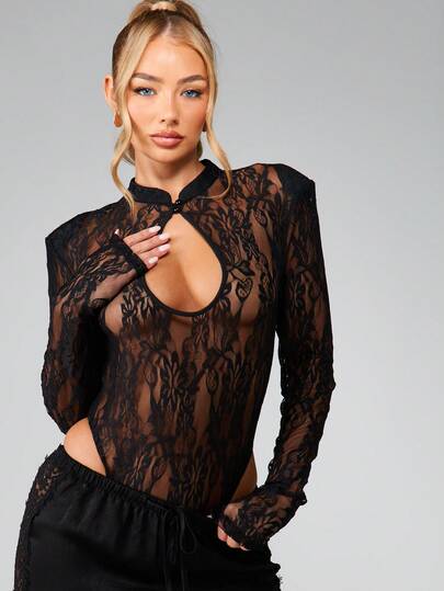 MISSGUIDED Long Sleeve Lace Keyhole Bodysuit With High Neck And Semi Sheer Design For Evening Occasions
