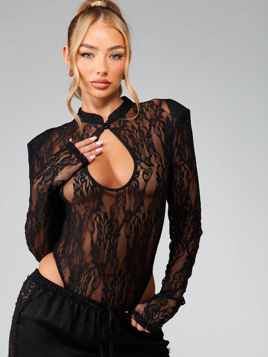 MISSGUIDED Long Sleeve Lace Keyhole Bodysuit With High Neck And Semi Sheer Design For Evening Occasions - Black - View 1