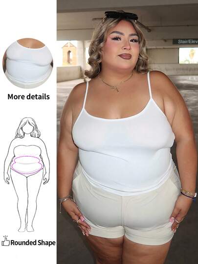 Enliva Melanieangelese Casual White Cropped Cami Tank Top, Fitted Plus Size Women Summer Spaghetti Strap And Tank Back To School, For Apple Rounded Body Shape