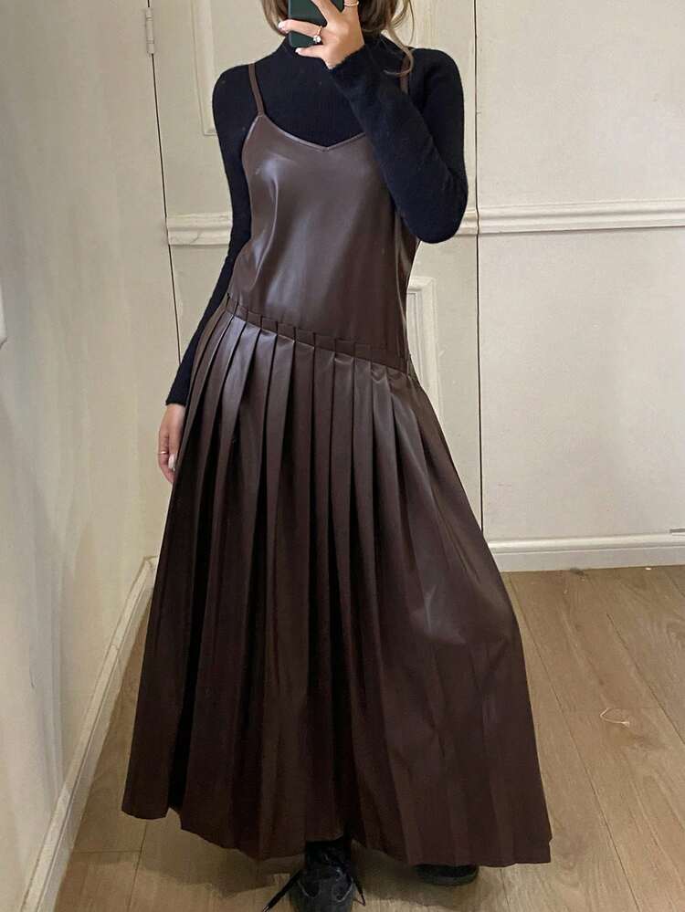 Women's Solid Color Fitted Pleated Strap PU Long Dress, Casual Midi Dress For Autumn/Winter