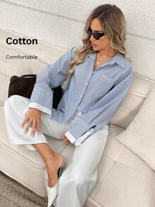 Easowa Áo cánh cotton trắng cổ tay trắng họa tiết sọc xanh trắng dành cho nữ, dáng rộng, cổ áo sơ mi hở phía trước, tay dài, thường ngày, thích hợp mặc hàng ngày, đi chơi, đi làm và đi làm, có túi - Xanh và trắng - Xem 4