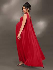 Cheriluna Maternity Elegant Ruffle Detail Solid Color Off-Shoulder Sleeveless Maternity Dress For Baby Shower, Christmas Party - Red - View 8