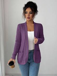 EMERY ROSE جاكيت قصيرة كاجوال للنساء بجيوب جانبية، مفتوحة الأمام، مصنوعة من قماش مخرم ناعم الملمس، خفيفة الوزن - ارجواني بنفسجي - مشاهدة 5