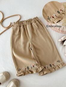 LMoss Kids Baby Girl Floral Embroidered Loose Khaki Denim Pants,Fall Clothes,Winter Clothing ,Casual And Fashionable Vacation Outfits,2000s Style  ,Christmas Clothing ,Winter Denim Bottom, Khaki Bottom,Girl Vintage  Clothing,Girl Vintage  Pants