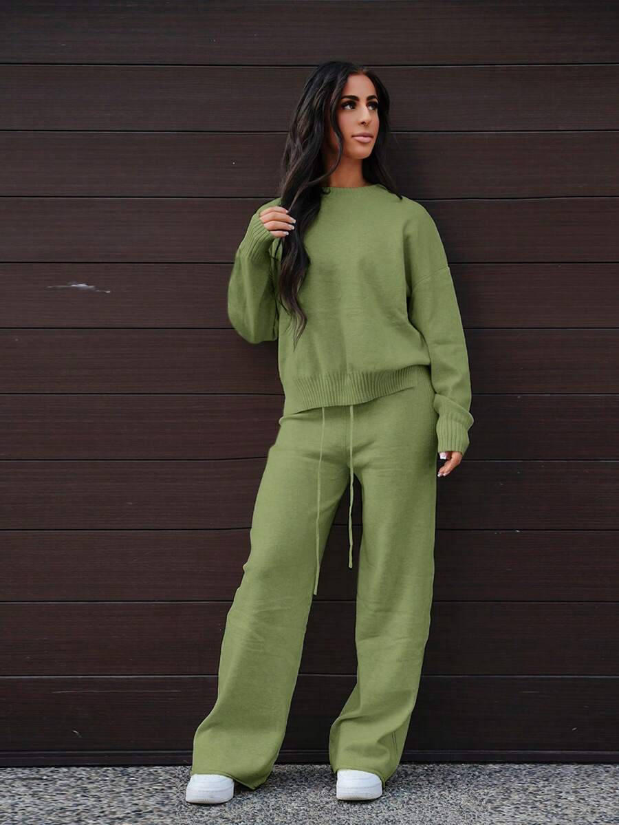 SAYEHFBABY 2 件套女式纯色圆领落肩长袖宽松套头针织毛衣套装 - 橄欖綠 - 查看 1