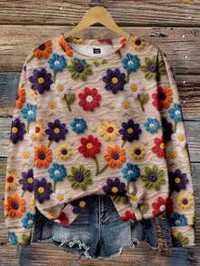 EMERY ROSE Plus Size Women Floral Applique Crew Neck Casual Long Sleeve Pullover Sweatshirt Autumn ,Spring - Multicolor - View 4