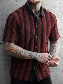 Manfinity CasualCool 男士休闲撞色条纹短袖衬衫，夏季波西米亚风男士衬衫，复古男士衬衫，酒红色男士衬衫，圣诞风 - 酒紅色 - 查看 5