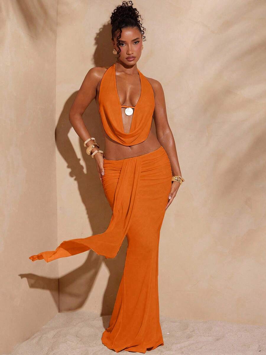 Hauture 女士度假纯色深V领露脐吊带上衣和喇叭裙性感两件套 - 橘色 - 查看 1