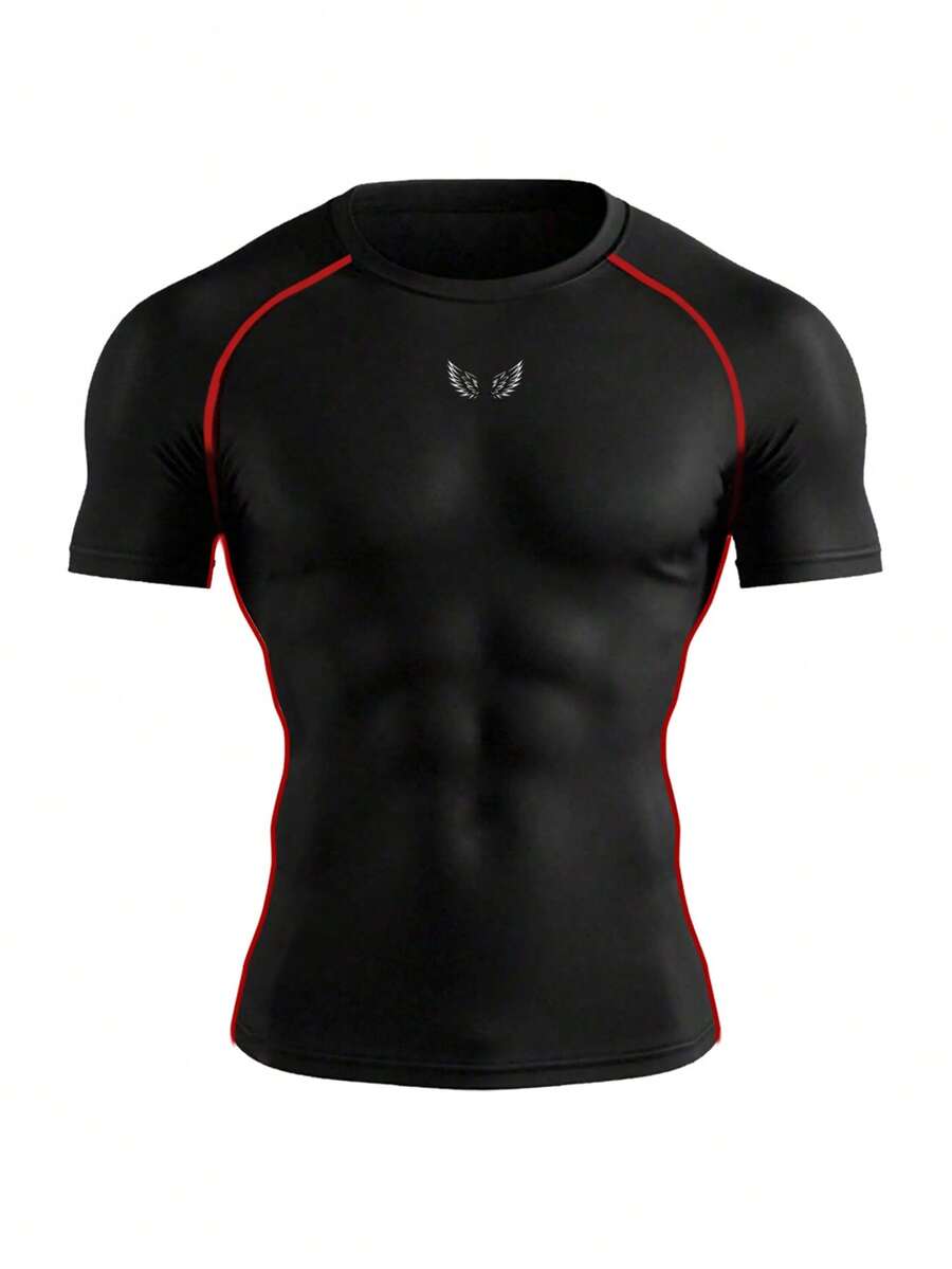 Manfinity Sport Corelite 男士翅膀印花插肩短袖运动T恤 紧身衣 - 黑色 - 查看 1