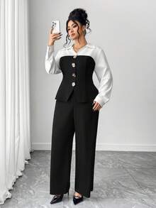 SHEIN Elenzya Plus Size Elegant Commuter Color Block Shirt & Pants 2 Pieces Set - Multicolor - View 6