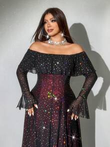 Viva Relle Vestido negro sexy de talla grande con hombros descubiertos y malla con lentejuelas, rojo para fiesta de Navidad - Negro - Ver 6