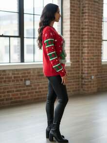 Mujer casual tejido suave diseño navideño con luces y adornos ajuste holgado cuello redondo manga larga otoño invierno uso diario suéter - Rojo - Ver 3