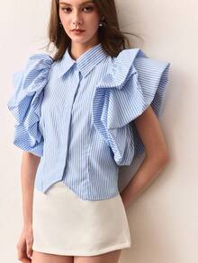 Revavyn 法式设计，条纹面料，泡泡袖，优雅时尚的高档女士翻领衬衫 - 藍白色 - 查看 6