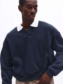 Hanorac polo bleumarin scurt SUMWON, cu guler alb, mânecă lungă, supradimensionat, casual, simplu, pentru toamnă-iarnă - Albastru - Vizualizare 4