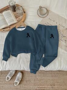 Baby Boy Classic Letter A Print Soft Knit Loose Fit Crew Neck Casual Outfit Set, Suitable For Autumn/Winter - Multicolor - View 2
