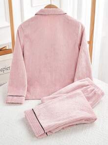 Genkimix Kids 2 件女童莲藕粉色简约别致心形刺绣长袖长裤睡衣套装，保暖睡衣 - 藕粉色 - 查看 2