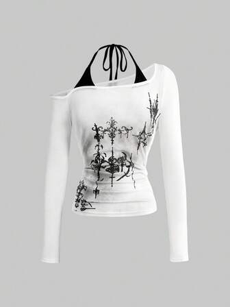 Top da donna con stampa a croce tie-dye futuristica vintage, con tasche con zip, stile streetwear Y2K Y3K