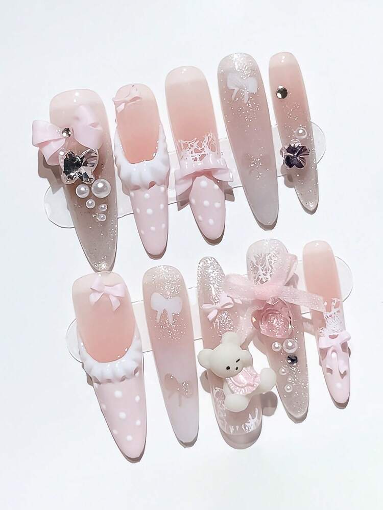 ROMWE Anime 10pcs Y2K Cute Heart, Star, Bow, Wing Nail Art Stickers With Tape - Pink - View 1