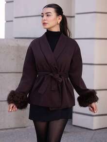 Andrea Bello Fashionable Fuzzy Cuff Coffee Color Overcoat, Autumn/Winter,Fall - Coffee Brown - View 4
