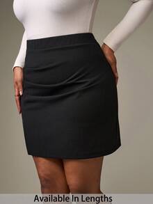SHEIN Tall CURVE 加大码黑色弹力针织加大码褶皱 A 字裙，优雅百搭的日常穿着 - 黑色 - 查看 7
