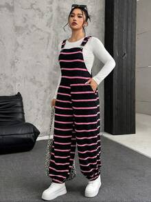 SHEIN EZwear 大码女式罗纹弹力抓绒背带裤，秋季款 - 彩色 - 查看 5