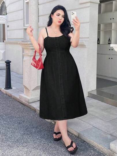 SHEIN ICON 大码女士复古优雅深蓝色牛仔吊带连衣裙，夏季