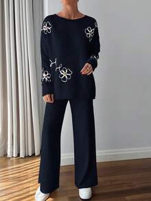 SHEIN Cottnline Petite Size Women 3d Floral Embroidery Sweater Co-Ord Set - Black and White - View 3