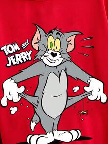TOM & JERRY X SHEIN Men's Cute Cartoon Print Red Hoodie, For Fall, Long Sleeve Top