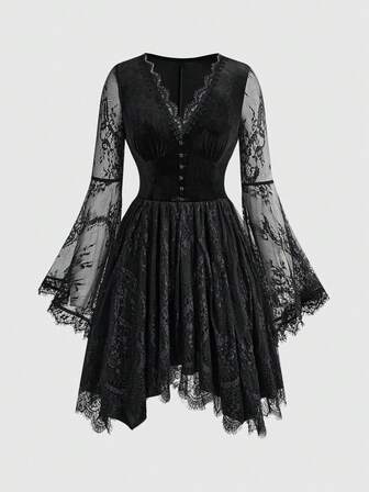 Goth Abito da donna in stile vintage romantico gotico scuro, con inserti in pizzo, patchwork in velluto, orlo asimmetrico e scollo a V profondo