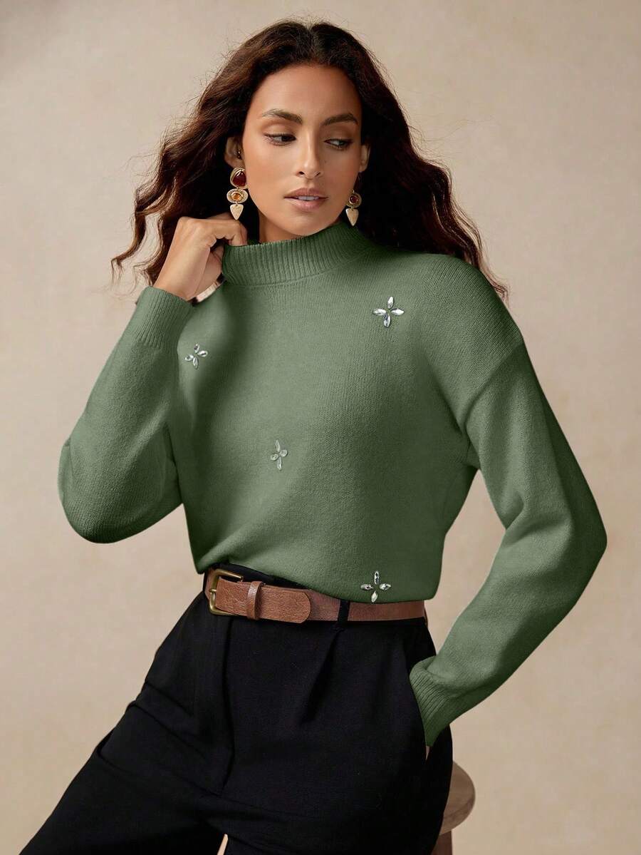 Florisole 优雅针织菱形装饰宽松波西米亚纯色毛衣，女士秋冬款 - 軍綠色 - 查看 1