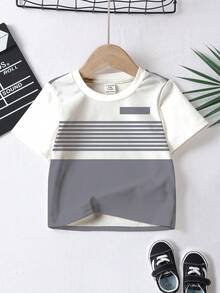 男婴休闲简约圆领短袖宽松T恤，经典条纹印花，适合秋冬季穿着 - 彩色 - 查看 2