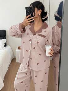 SHEIN 大码撞色领荷叶边爱心条纹长袖修身睡衣套装，女士冬季服装 - 彩色 - 查看 6
