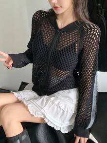 DAZY Women's V-Neck Open Front Hollow Striped Loose Cardigan - Black - View 2