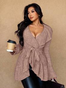 Islaluna Women's Basic Minimalist Elegant French Fashion Romantic Tie Front Cardigan - Dusty Pink - View 6