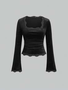 Sweetra 复古法式修身喇叭袖蕾丝领百搭女式T恤 - 黑色 - 查看 4