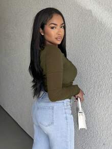 Alexandranx 1 件女式纯色不对称垂褶透视修身长袖上衣 - 軍綠色 - 查看 4