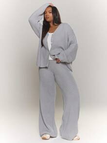 MUSERA 大码针织纽扣V领开衫，日常休闲舒适可爱晚宴派对优雅春季毛衣 - 淺灰色 - 查看 5